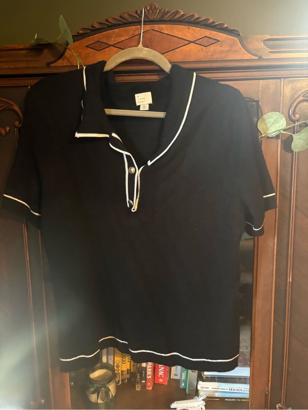 a new day Black Short Sleeve Polo Top with White Trim